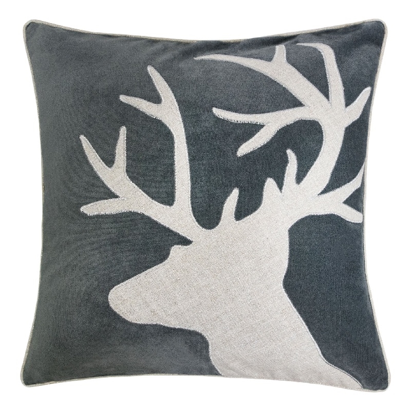 Lopa Square Throw Pillow- Holiday Reindeer Embroidery- Gray Velvet 20 Inch