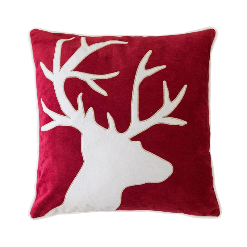 Lopa Square Throw Pillow- Holiday Reindeer Embroidery- Red Velvet 20 Inch