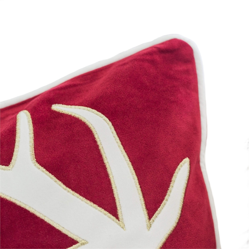 Lopa Square Throw Pillow- Holiday Reindeer Embroidery- Red Velvet 20 Inch