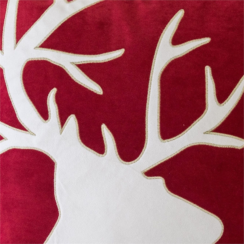 Lopa Square Throw Pillow- Holiday Reindeer Embroidery- Red Velvet 20 Inch