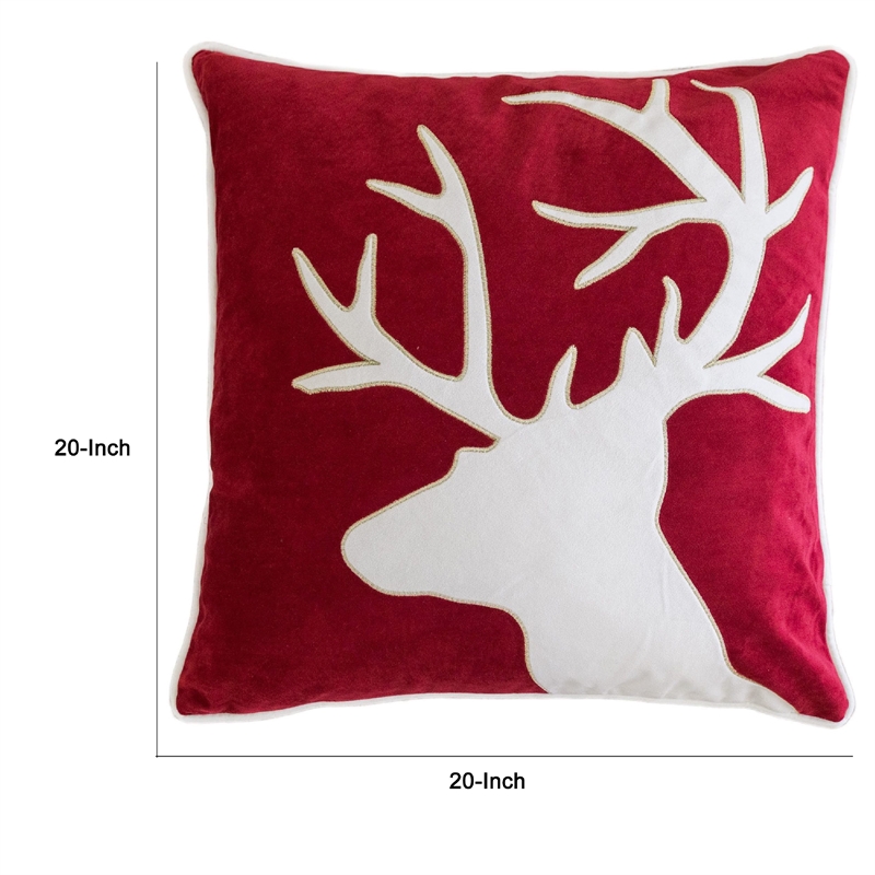 Lopa Square Throw Pillow- Holiday Reindeer Embroidery- Red Velvet 20 Inch