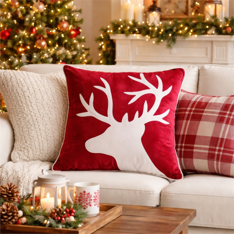Lopa Square Throw Pillow- Holiday Reindeer Embroidery- Red Velvet 20 Inch