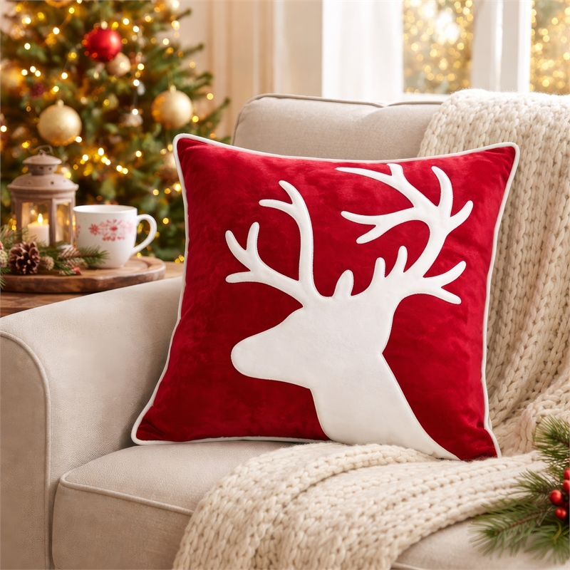 Lopa Square Throw Pillow- Holiday Reindeer Embroidery- Red Velvet 20 Inch