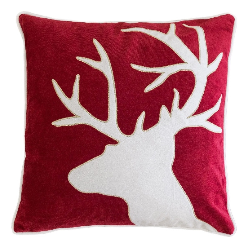 Lopa Square Throw Pillow- Holiday Reindeer Embroidery- Red Velvet 20 Inch