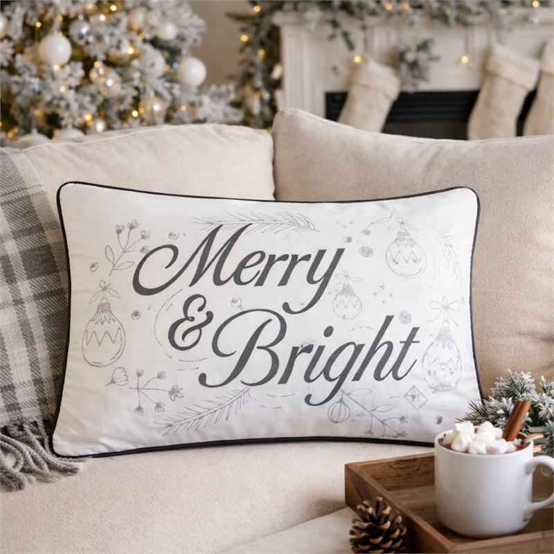 Lumbar Pillow- Merry and Bright Script- Embroidered White Velvet- 14x20