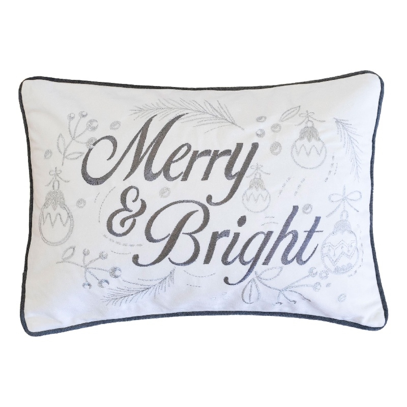 Lumbar Pillow- Merry and Bright Script- Embroidered White Velvet- 14x20