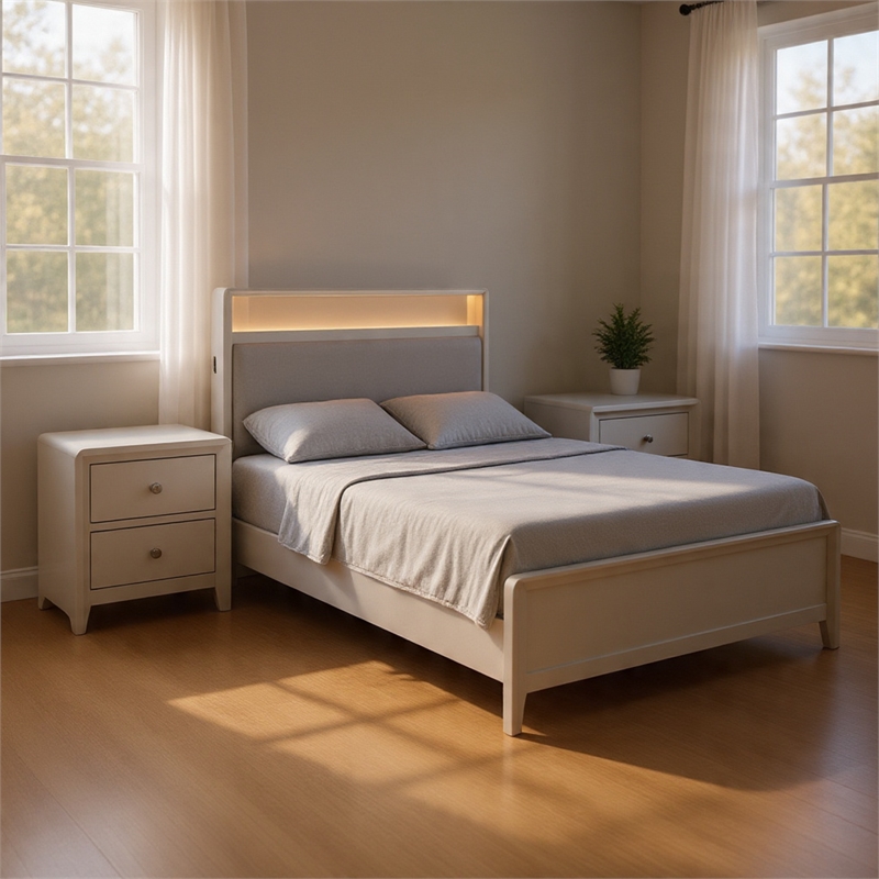 Queen Bedroom Set-Champagne Gray-Silver Wood-3 Piece Set w 2 Nightstand