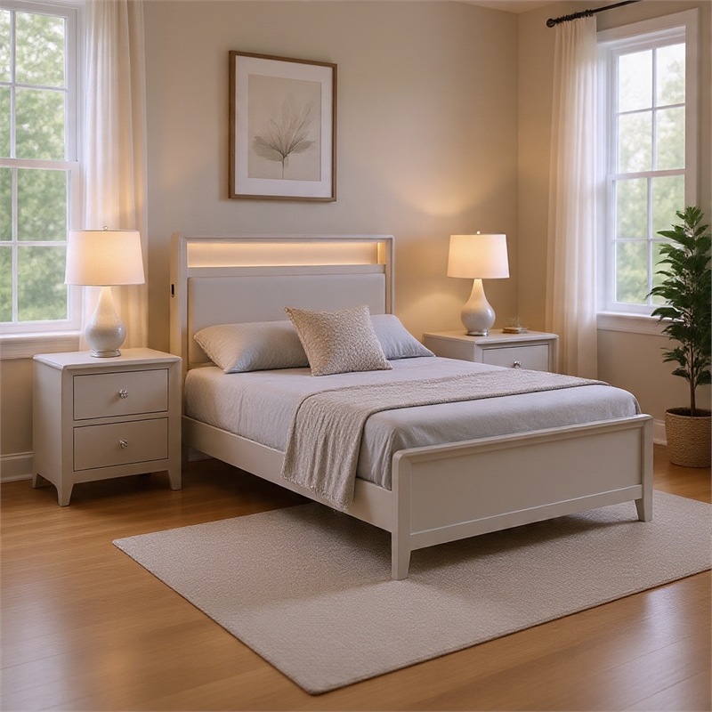 Queen Bedroom Set-Champagne Gray-Silver Wood-3 Piece Set w 2 Nightstand
