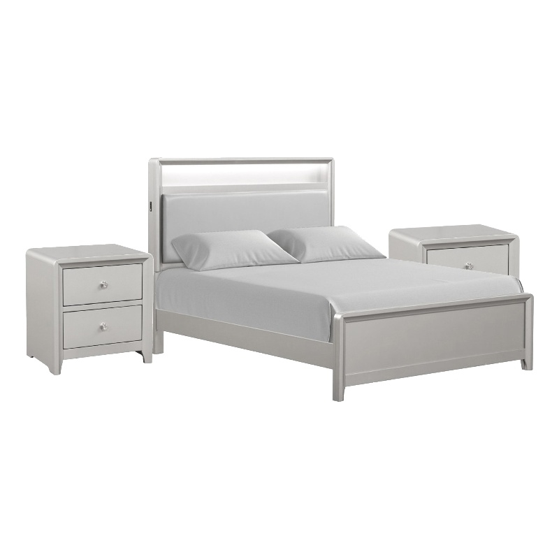 Queen Bedroom Set-Champagne Gray-Silver Wood-3 Piece Set w 2 Nightstand