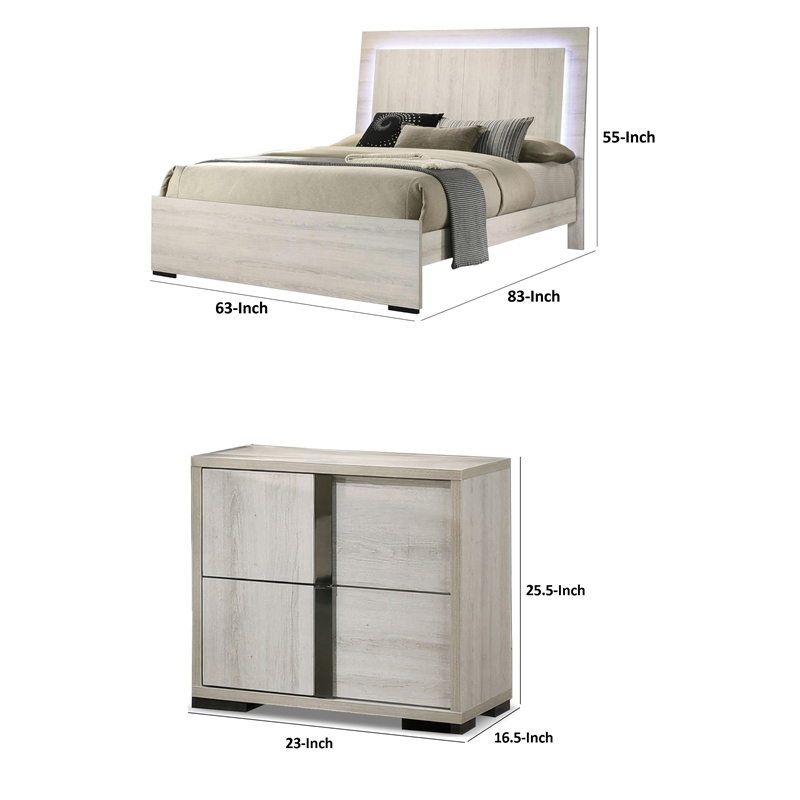 Queen Bedroom Set- White Wash- Chrome- 3 Piece Set with 2 Nightstands