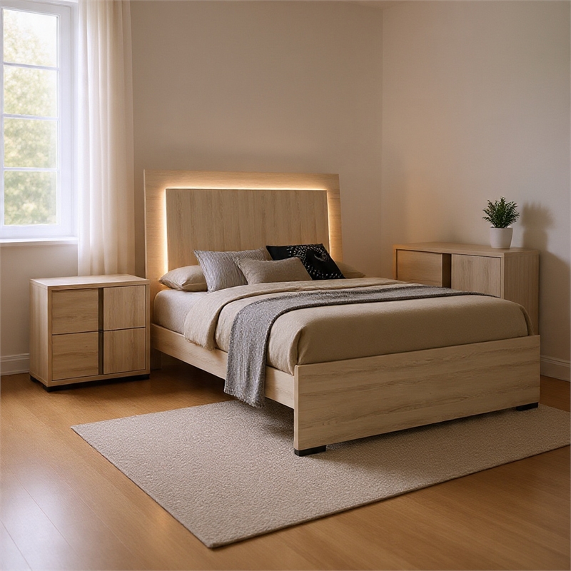 Queen Bedroom Set- White Wash- Chrome- 3 Piece Set with 2 Nightstands