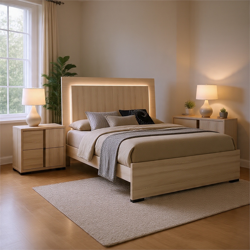 Queen Bedroom Set- White Wash- Chrome- 3 Piece Set with 2 Nightstands