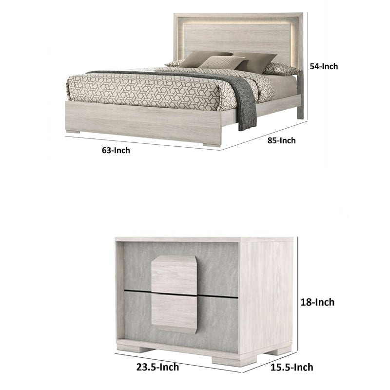 Queen Bedroom Set- White Wash- Stone Gray- 3 Piece Set with 2 Nightstands