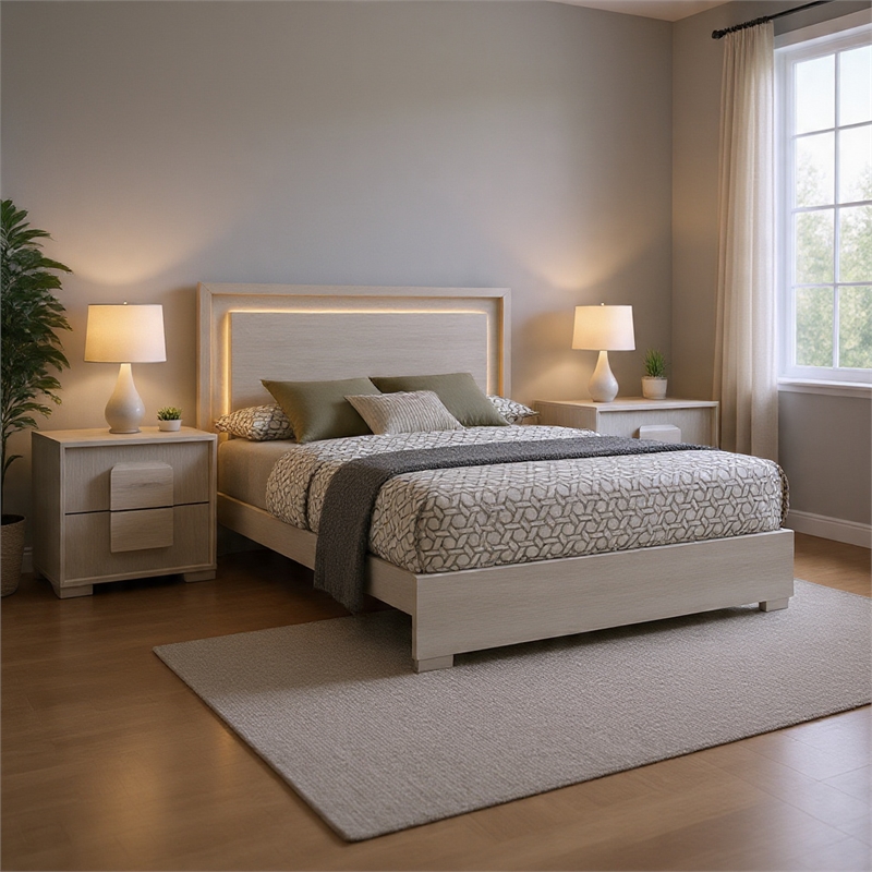 Queen Bedroom Set- White Wash- Stone Gray- 3 Piece Set with 2 Nightstands