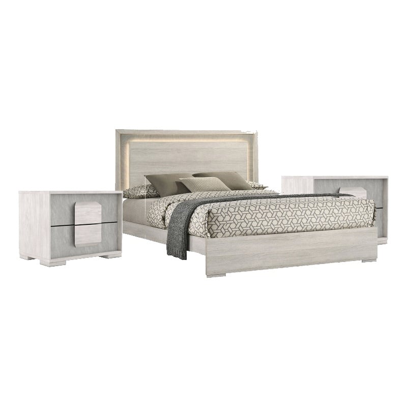 Queen Bedroom Set- White Wash- Stone Gray- 3 Piece Set with 2 Nightstands
