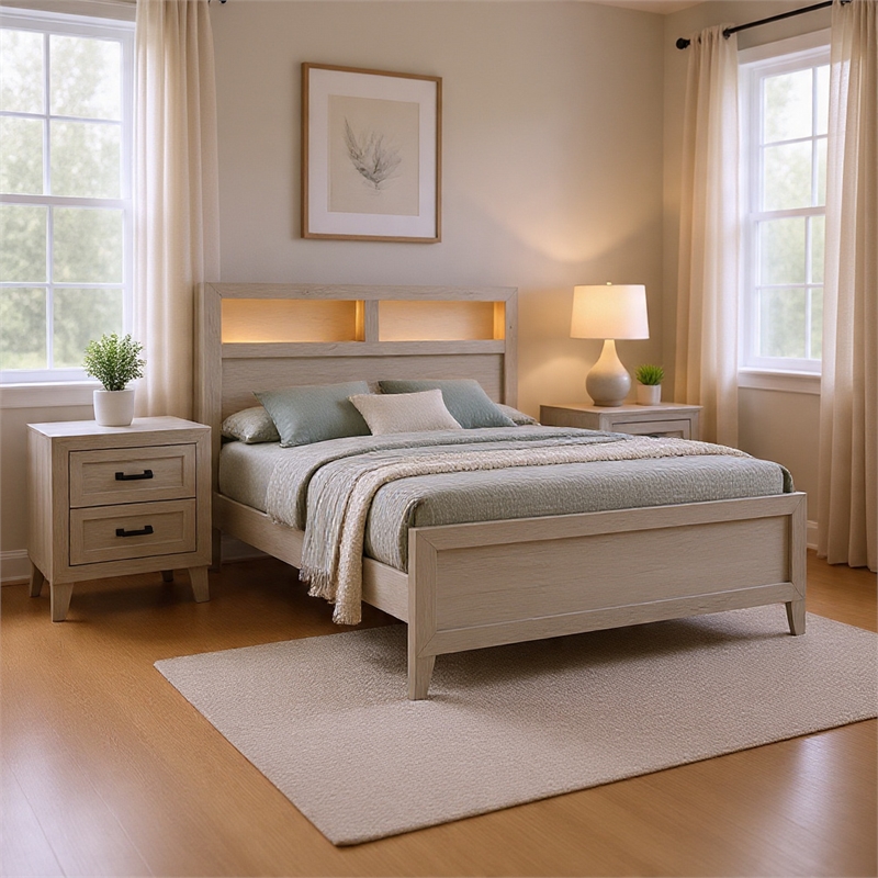 Queen Bedroom Set- White Wash- Black Wood- 2 Piece Set with Nightstand
