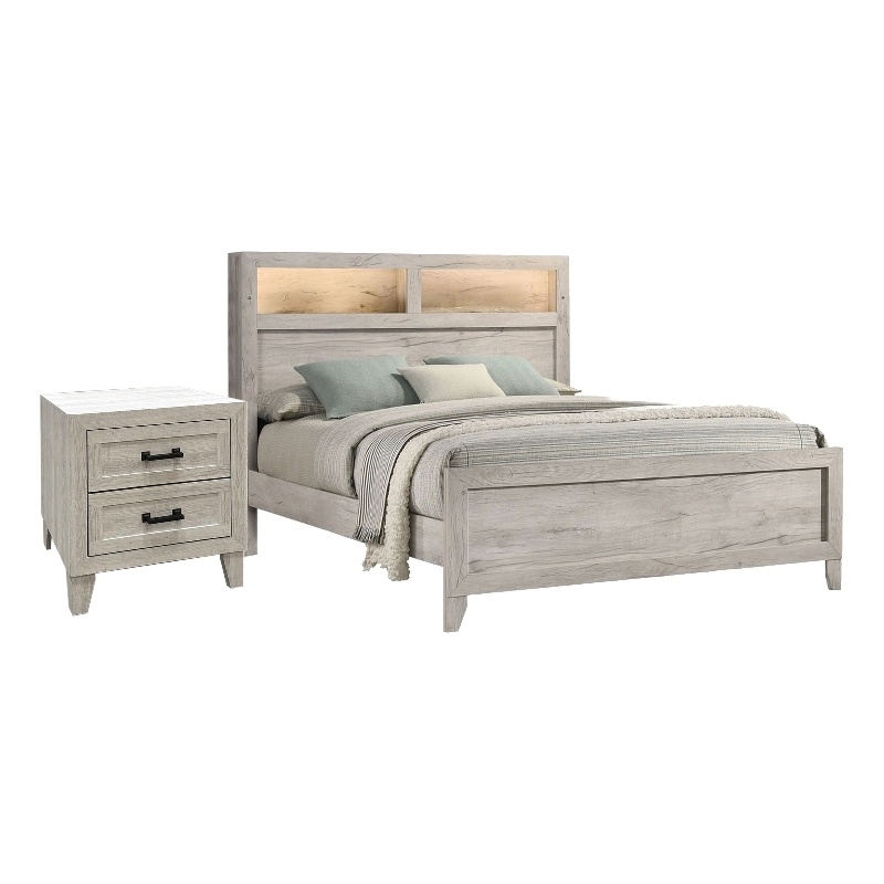 Queen Bedroom Set- White Wash- Black Wood- 2 Piece Set with Nightstand