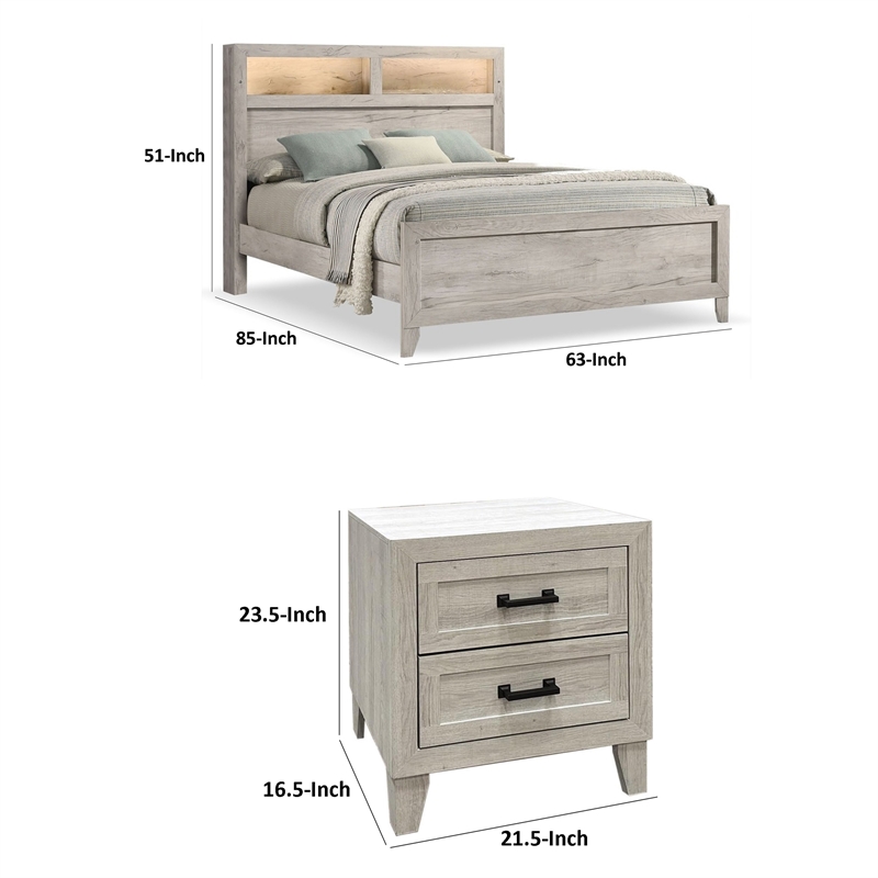 Queen Bedroom Set- White Wash- Black Wood- 3 Piece Set with 2 Nightstands
