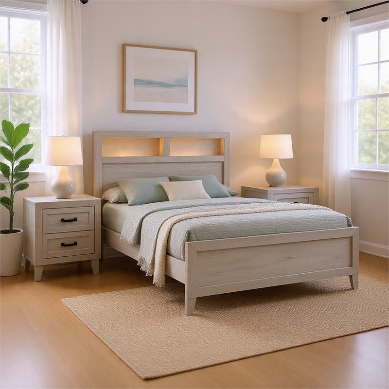 Queen Bedroom Set- White Wash- Black Wood- 3 Piece Set with 2 Nightstands