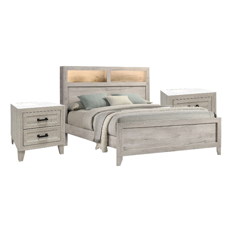 Queen Bedroom Set- White Wash- Black Wood- 3 Piece Set with 2 Nightstands