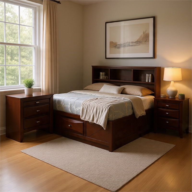 Queen Bedroom Set- Cherry Brown- Nickel Wood- 2 Piece Set with Nightstand