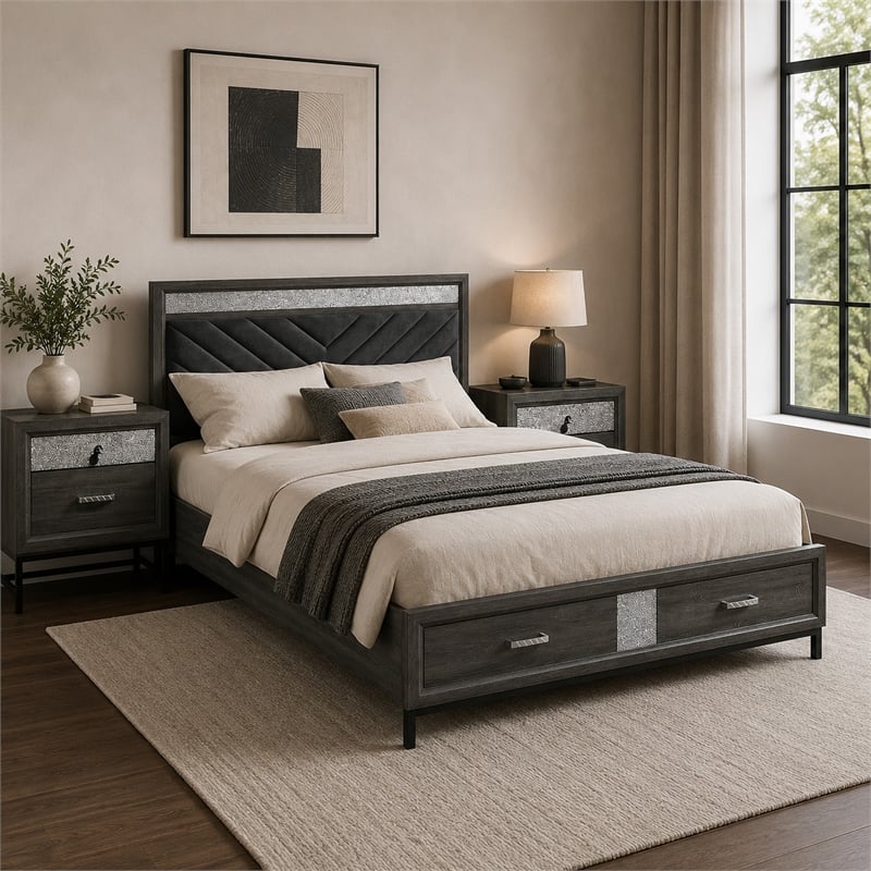 Queen Bedroom Set- Gray- Silver- Black Wood- 3 Piece Set with 2 Nightstands