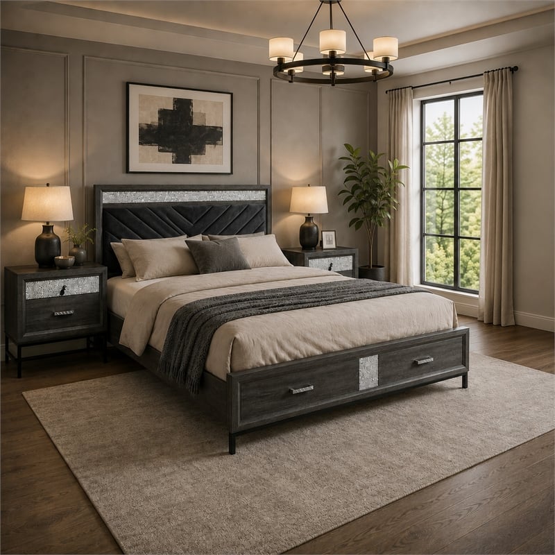 Queen Bedroom Set- Gray- Silver- Black Wood- 3 Piece Set with 2 Nightstands