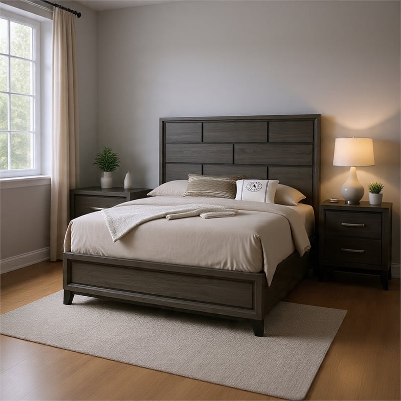 Queen Bedroom Set- Gray- Black Wood- 2 Piece Set with Nightstand
