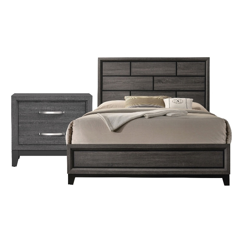 Queen Bedroom Set- Gray- Black Wood- 2 Piece Set with Nightstand