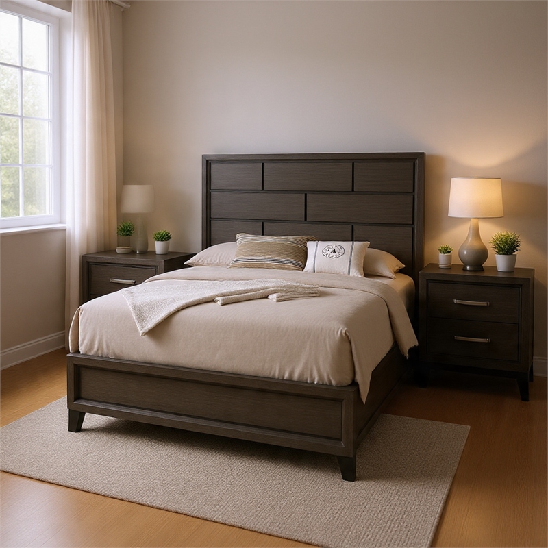 Queen Bedroom Set- Gray- Black Wood- 3 Piece Set with 2 Nightstands