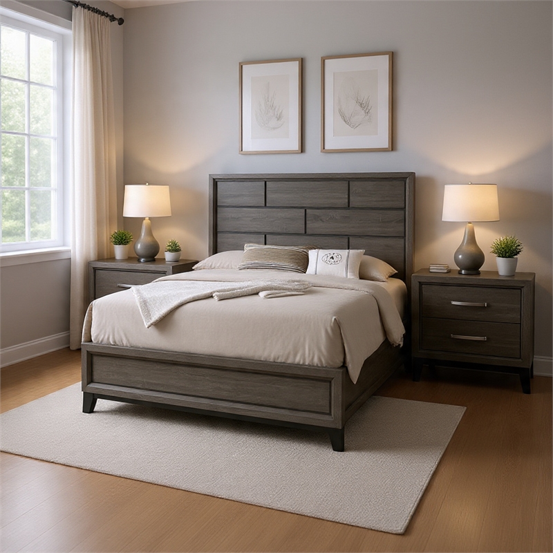 Queen Bedroom Set- Gray- Black Wood- 3 Piece Set with 2 Nightstands