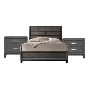 Queen Bedroom Set- Gray- Black Wood- 3 Piece Set with 2 Nightstands