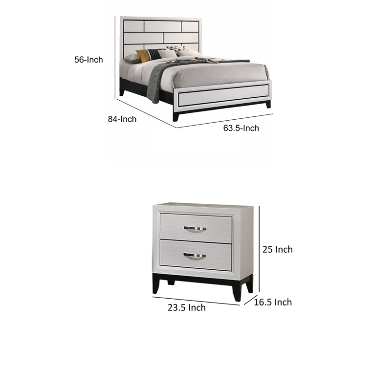 Queen Bedroom Set- White- Black- Nickel Wood- 2 Piece Set with Nightstand