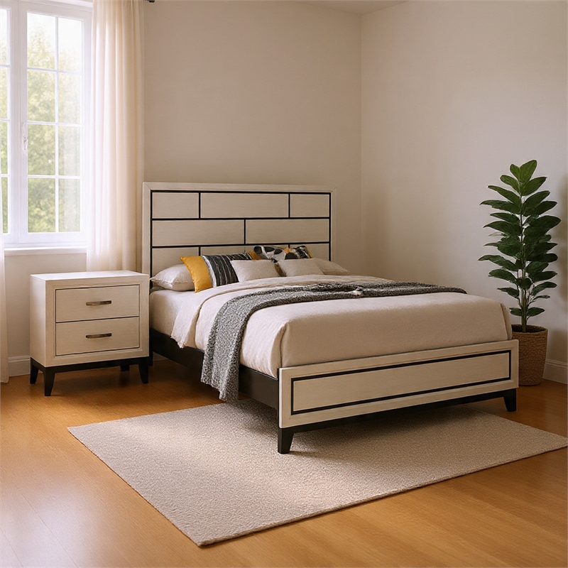 Queen Bedroom Set- White- Black- Nickel Wood- 2 Piece Set with Nightstand