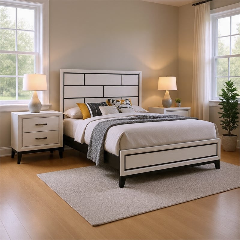 Queen Bedroom Set- White- Black- Nickel Wood- 2 Piece Set with Nightstand