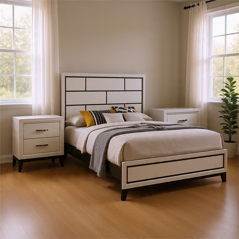 Queen Bedroom Set- White- Black- Nickel Wood- 3 Piece Set with 2 Nightstands