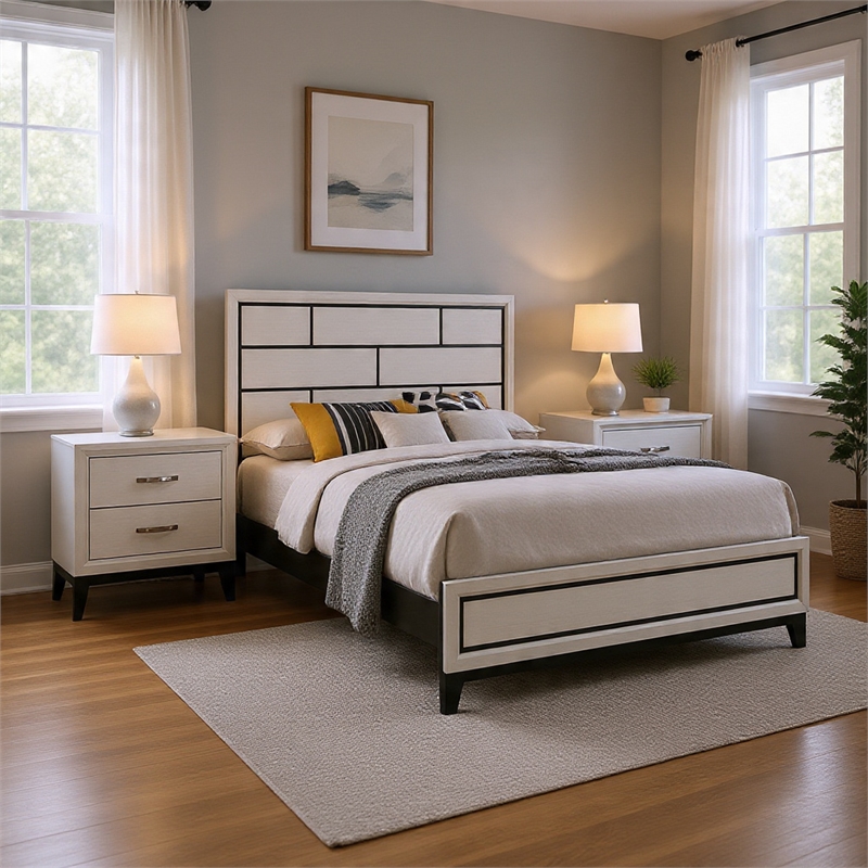 Queen Bedroom Set- White- Black- Nickel Wood- 3 Piece Set with 2 Nightstands