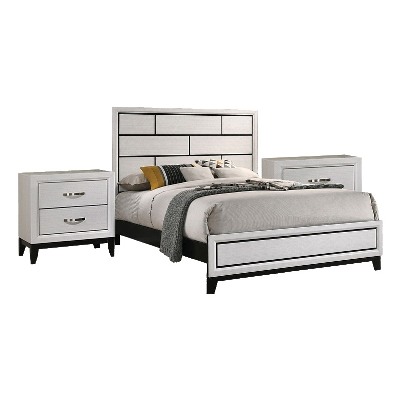 Queen Bedroom Set- White- Black- Nickel Wood- 3 Piece Set with 2 Nightstands