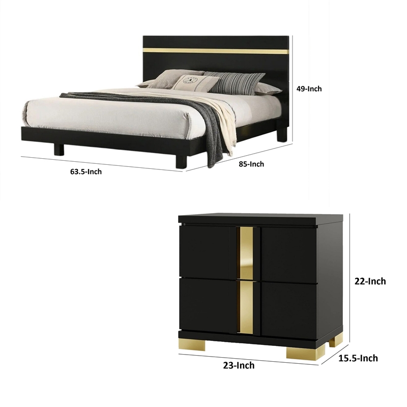 Queen Bedroom Set- Black- Gold Wood- 2 Piece Set with Nightstand