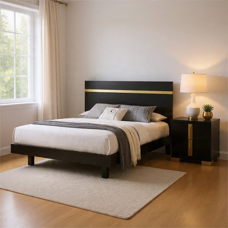 Queen Bedroom Set- Black- Gold Wood- 2 Piece Set with Nightstand