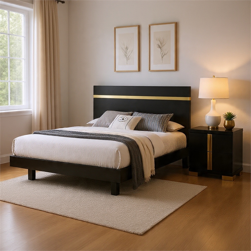 Queen Bedroom Set- Black- Gold Wood- 2 Piece Set with Nightstand