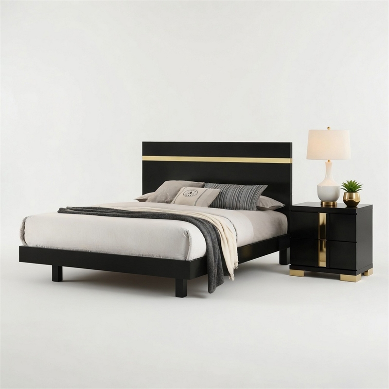 Queen Bedroom Set- Black- Gold Wood- 2 Piece Set with Nightstand