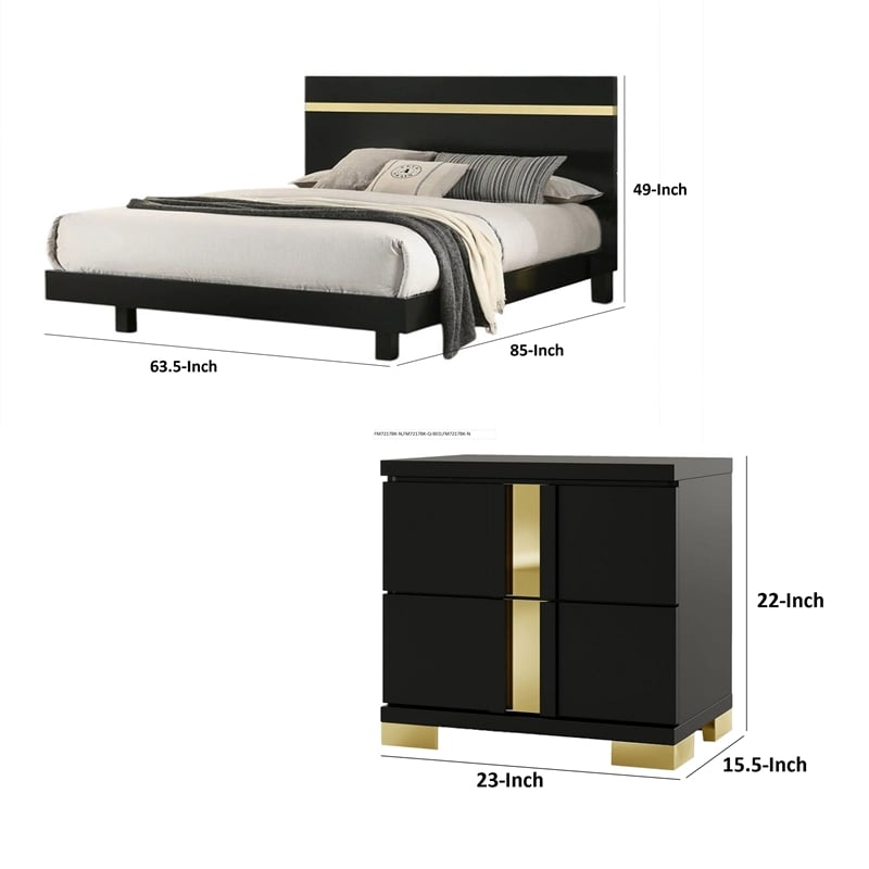 Queen Bedroom Set- Black- Gold Wood- 3 Piece Set with 2 Nightstands