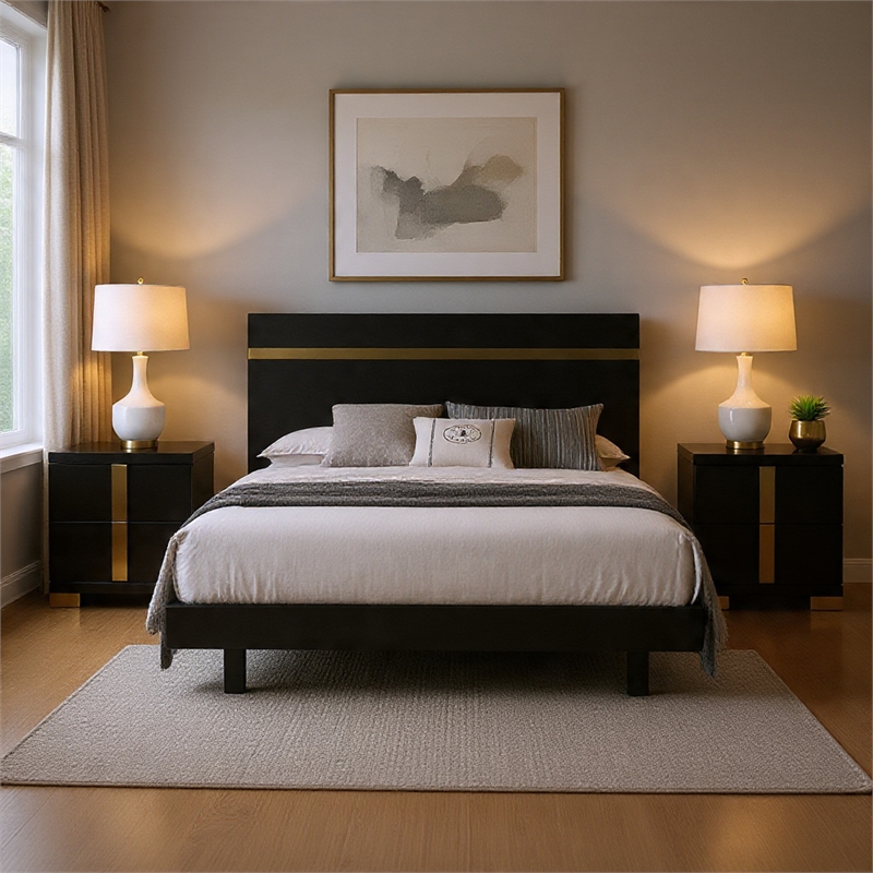 Queen Bedroom Set- Black- Gold Wood- 3 Piece Set with 2 Nightstands