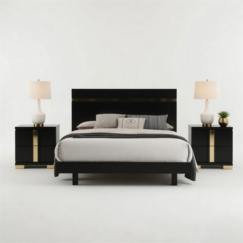 Queen Bedroom Set- Black- Gold Wood- 3 Piece Set with 2 Nightstands
