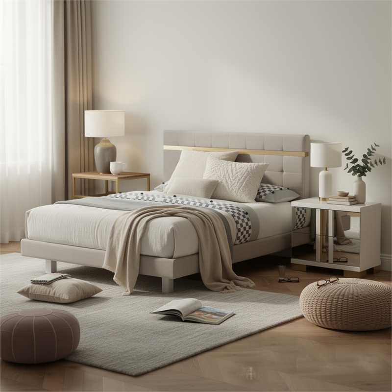 Queen Bedroom Set- White- Gold Wood- 2 Piece Set with Nightstand