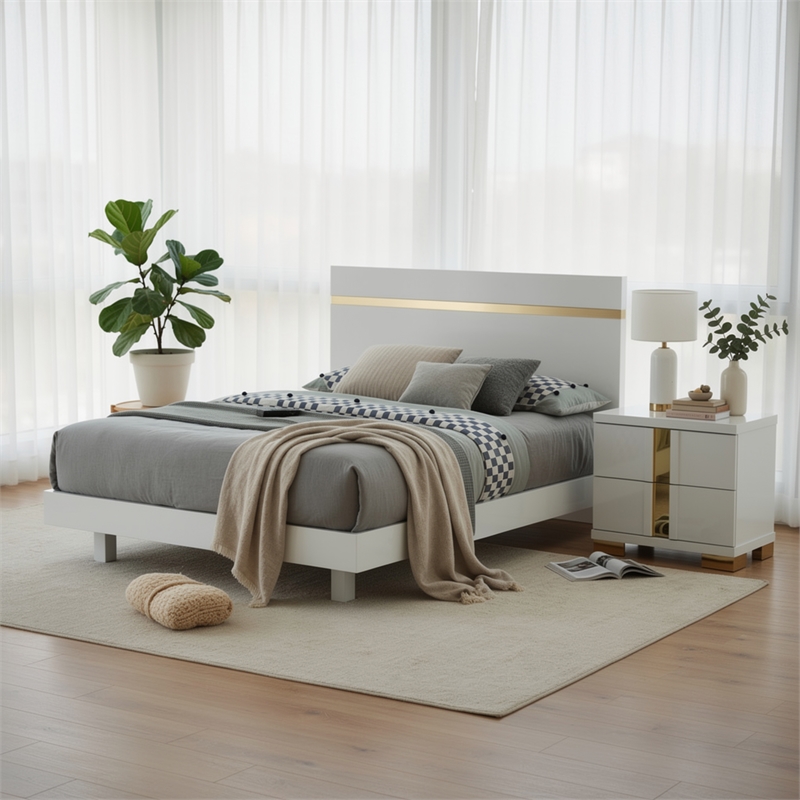 Queen Bedroom Set- White- Gold Wood- 2 Piece Set with Nightstand