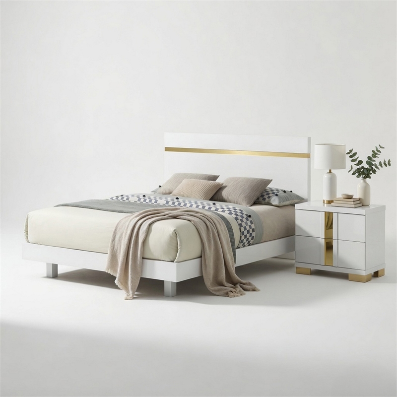 Queen Bedroom Set- White- Gold Wood- 2 Piece Set with Nightstand