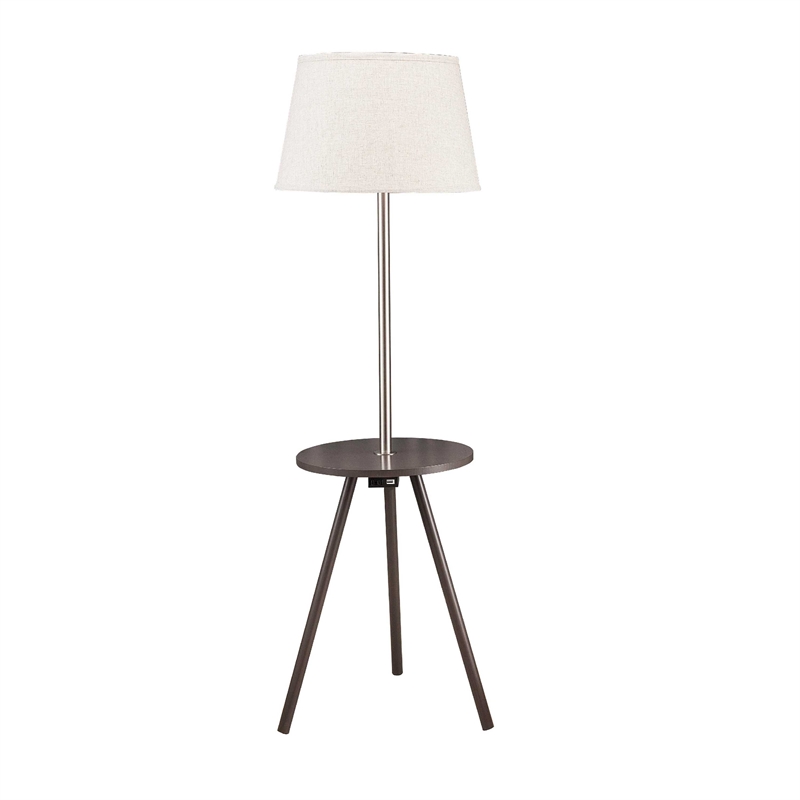 Accent Table Lamp w Side End Table- White Drum Shade- Espresso Brown