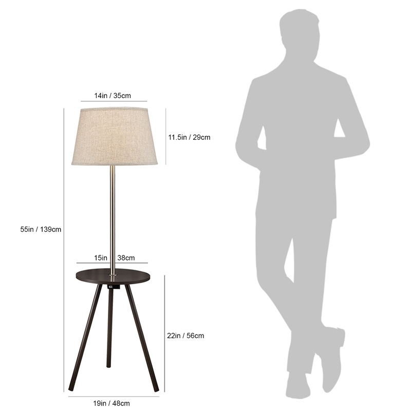 Accent Table Lamp w Side End Table- White Drum Shade- Espresso Brown